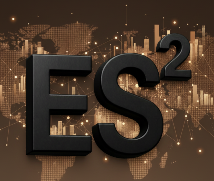 black ES2 logo with global connection in the background
