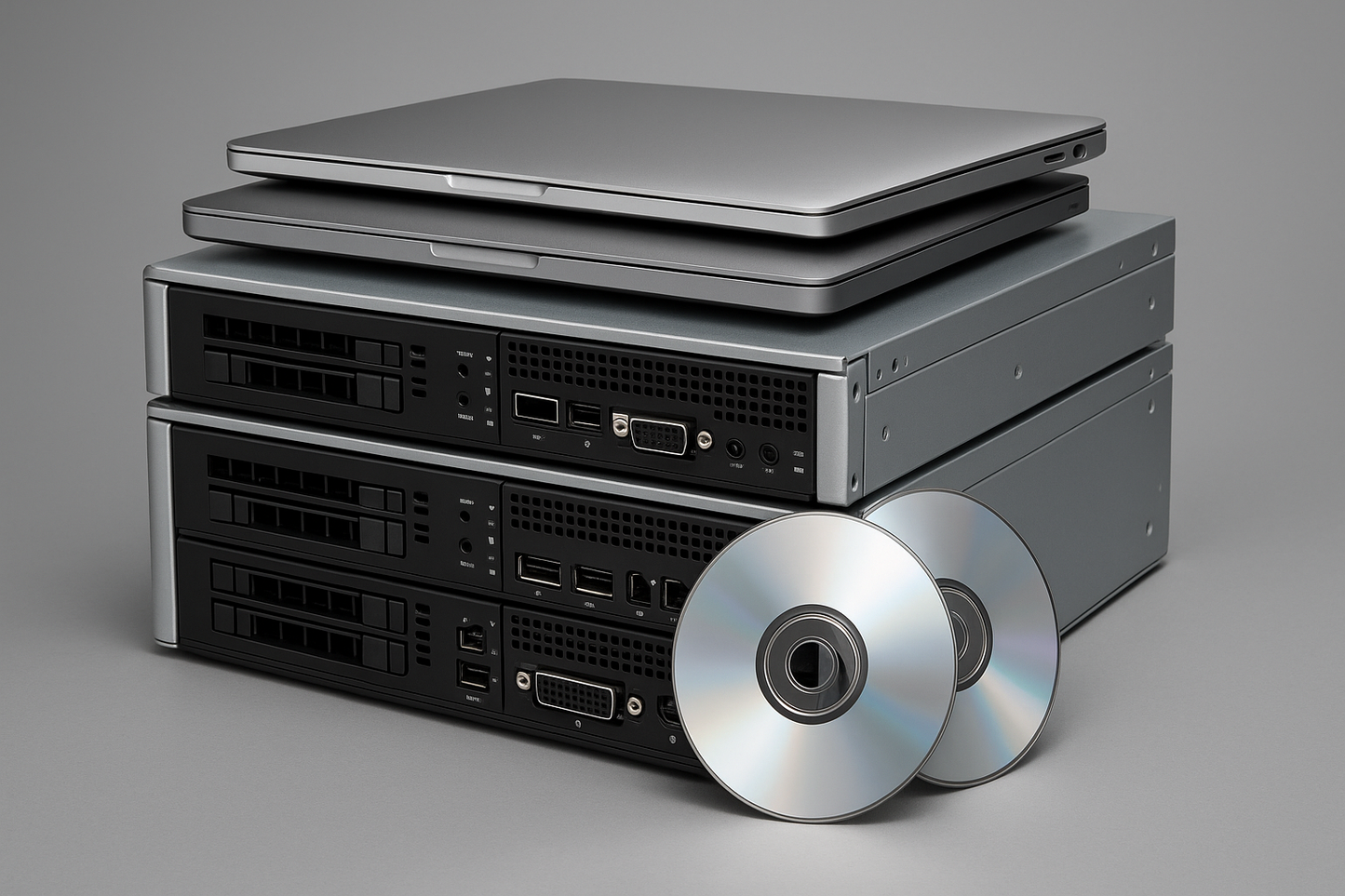 stack of laptops, servers, and software disc